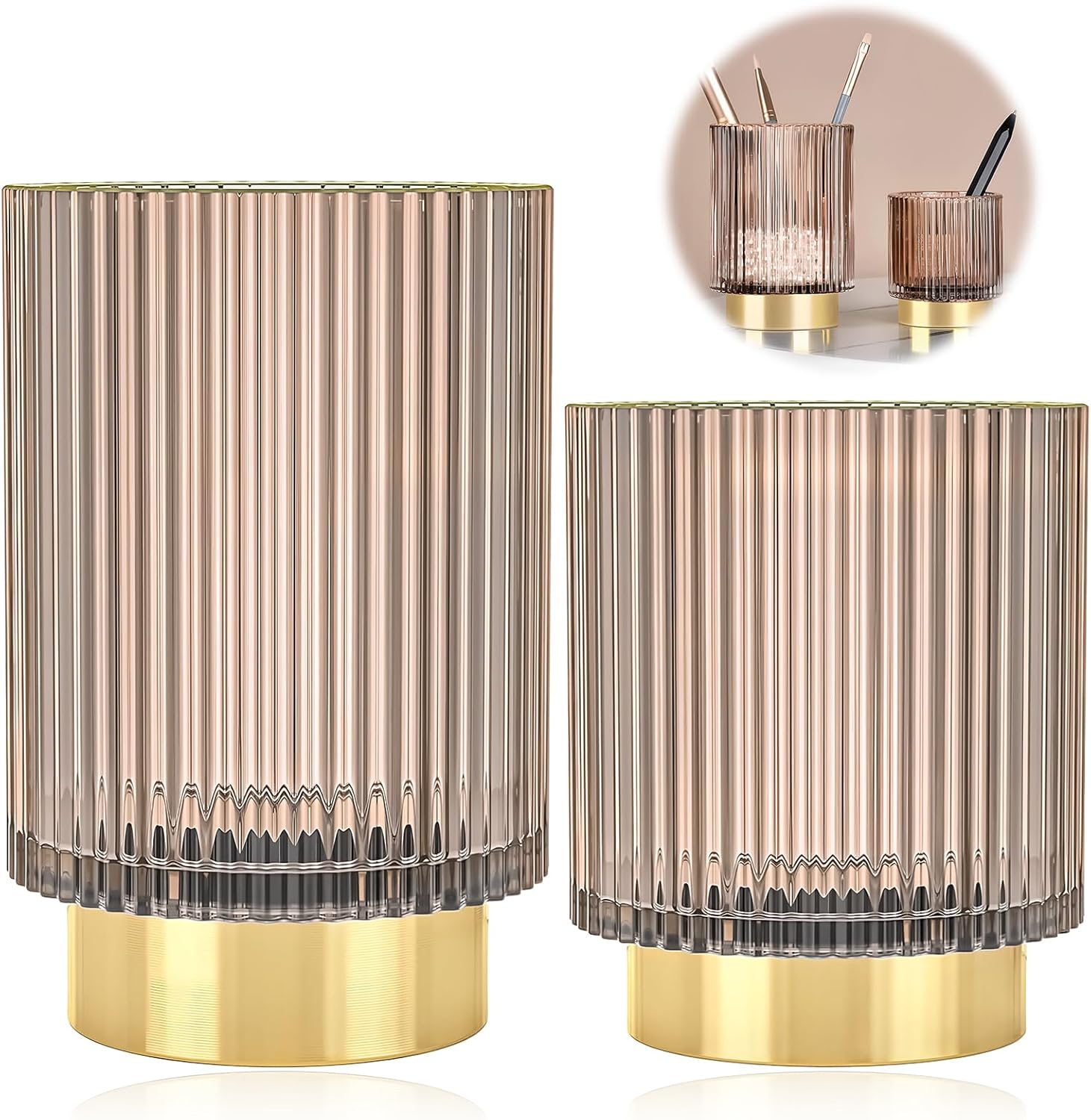 Makeup Brush Holder Organizer, Heavy Crystal Glass Brush Storage Holder, Vintage Cosmetic Make Up Bathroom Brushes Cup Pen Pencil Toothbrush Holder Striped Vase (S+L Pink)