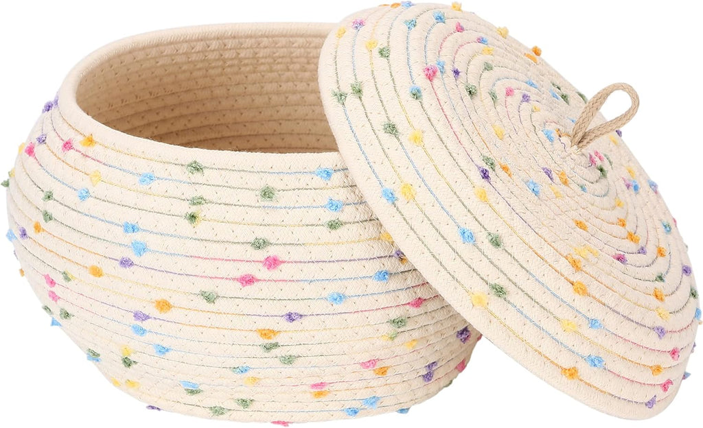 Sea Team Round Cotton Rope Storage Basket with Lid, Colorful Rainbow Pompom Woven Storage Bin, Pot, Caddy, Organizer, Container for Snacks, Towels, Plants, 10 x 7.5 Inches (Small, Rainbow)