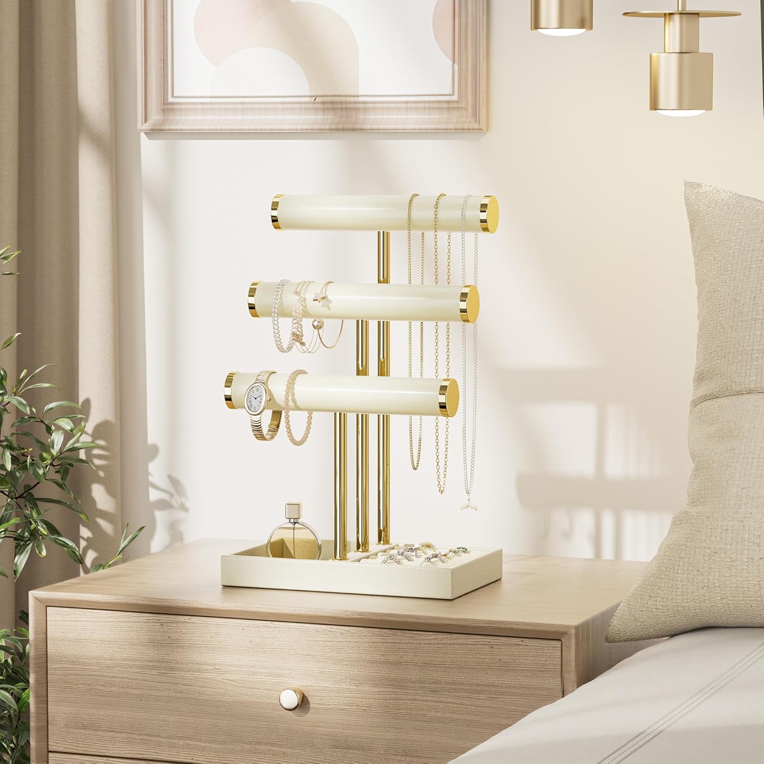 3 Tier Bracelet Holder Display - Beige Leather Bracelet Holder, Detachable T Bar Jewelry Holder Organizer for Bracelet, Necklace, Earrings, Rings, Watches, Bangle