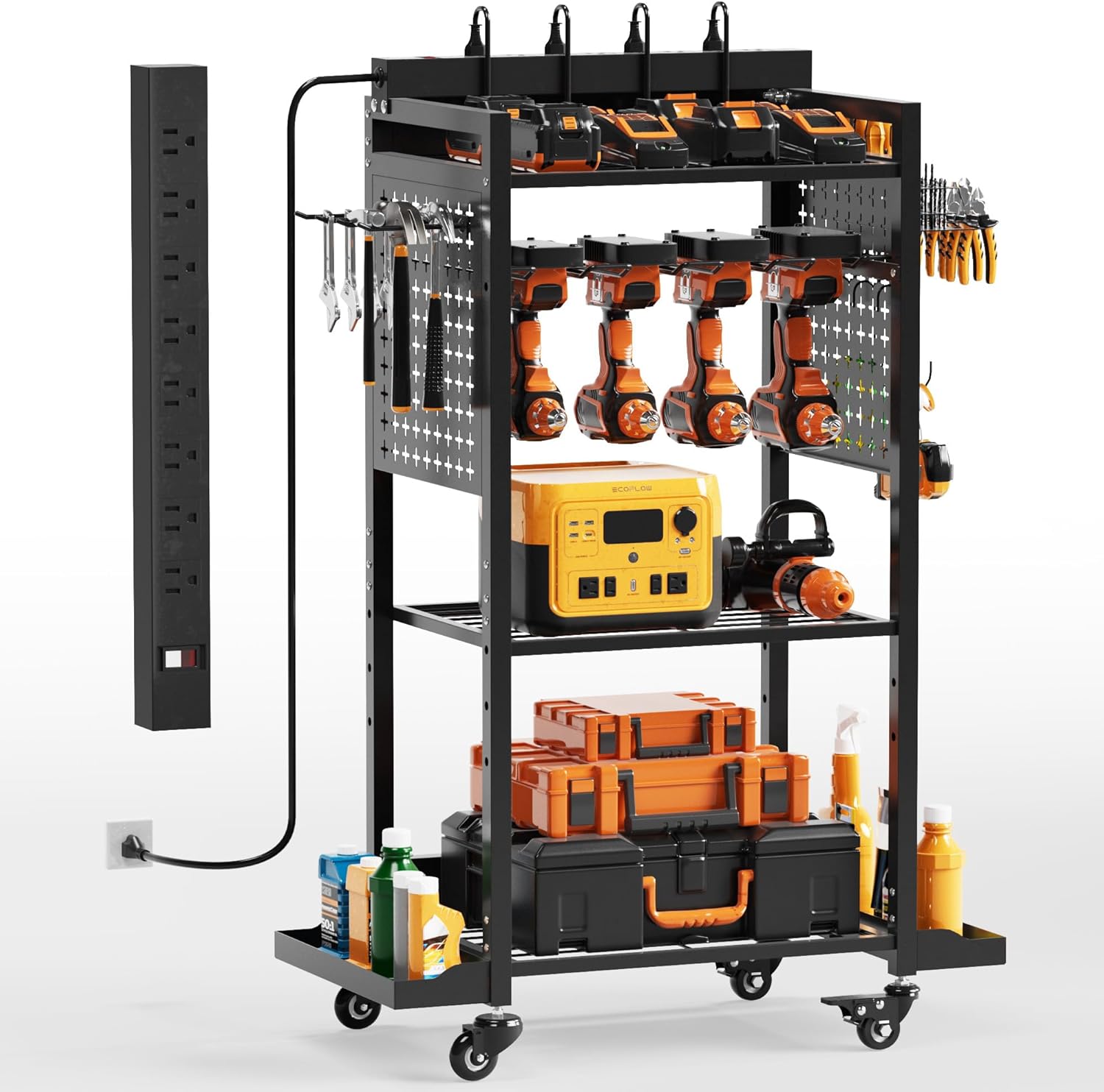 Power Tool Organizer Rolling Cart with Charging Station, Garage Floor Stand Rolling Tool Storage Rack with Charging Power Strip, Garage Storage Heavy Duty Utility Shelf with Wheels