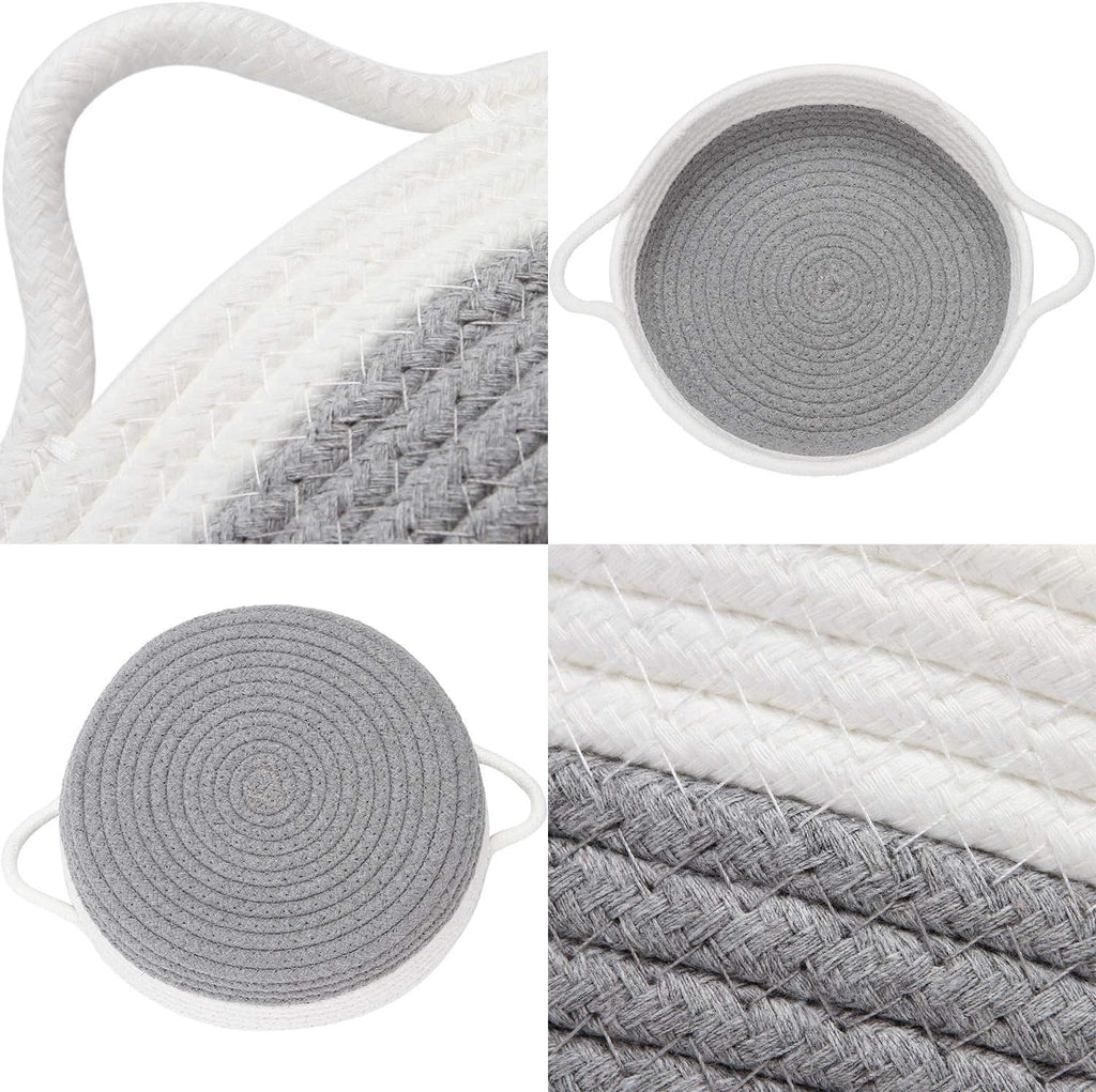 Sea Team 2-Pack Cotton Rope Baskets, 10 x 3 Inches Small Woven Storage Basket, Fabric Tray, Bowl, Round Open Dish for Fruits, Jewelry, Keys, Sewing Kits (Grey & White)