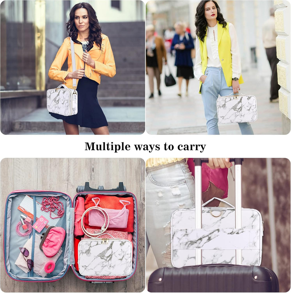 JOURMON Travel Makeup Train Case,Large Capacity Cosmetic Bags for Women,Portable Makeup Bag Organizer with Adjustable Dividers & Shoulder Strap(Marble White, Medium)
