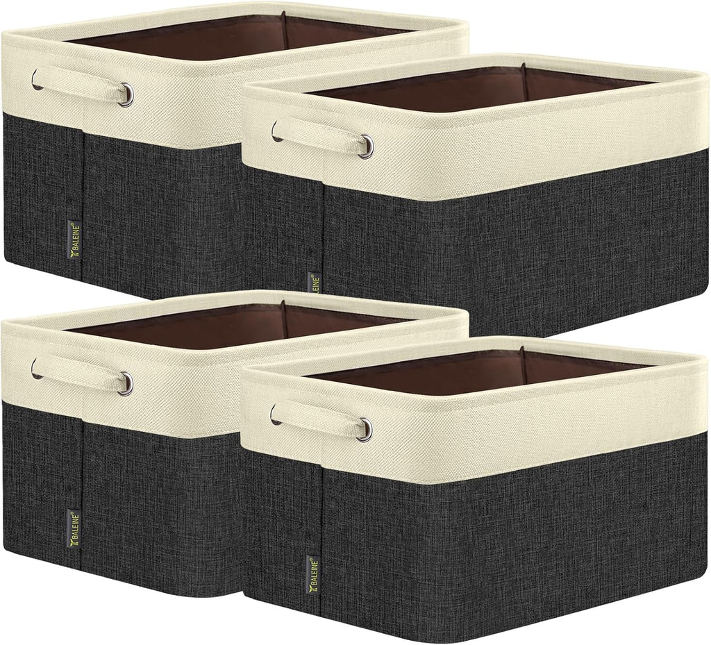 BALEINE 4 Pack Fabric Storage Bins for Shelves, Linen Storage Baskets for Organizing, Decorative Closet Bins for Clothes, Home (Black, 17''x13''x10.5'')