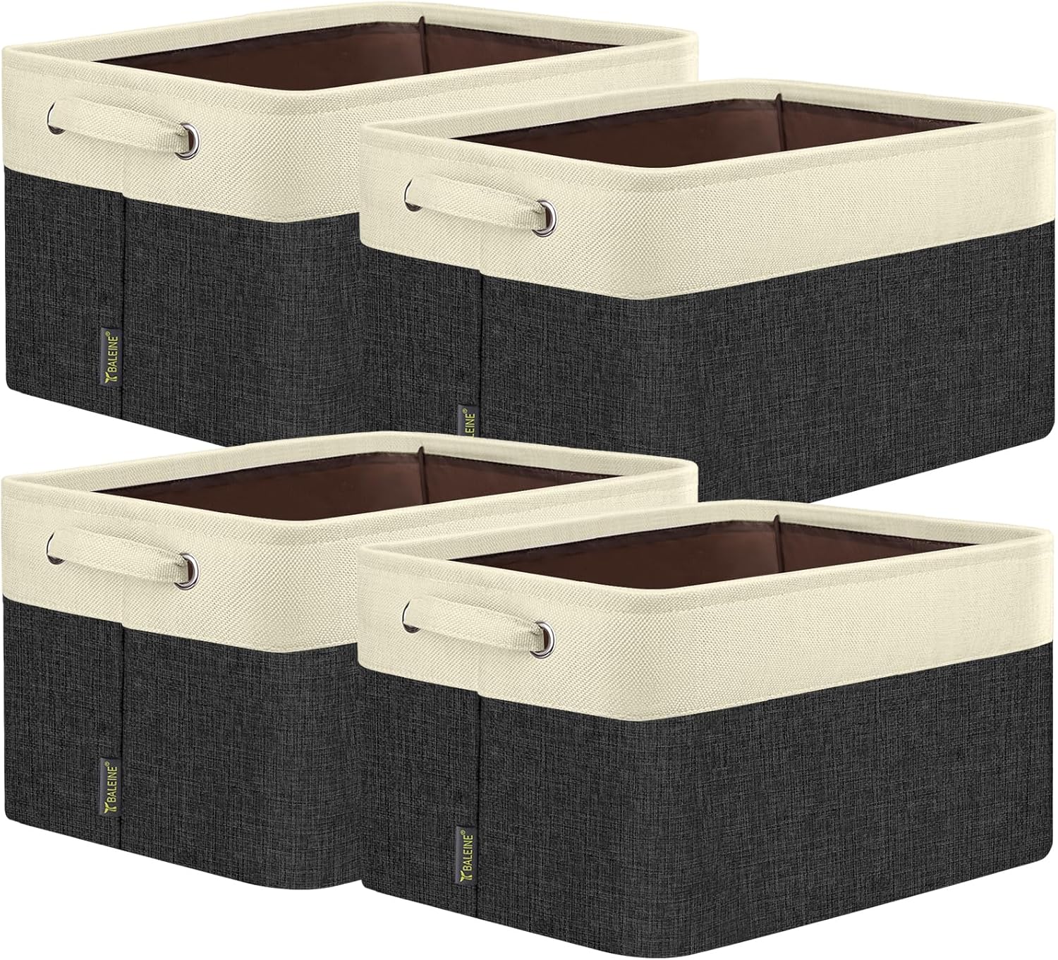 BALEINE 4 Pack Fabric Storage Bins for Shelves, Linen Storage Baskets for Organizing, Decorative Closet Bins for Clothes, Home (Black, 17''x13''x10.5'')