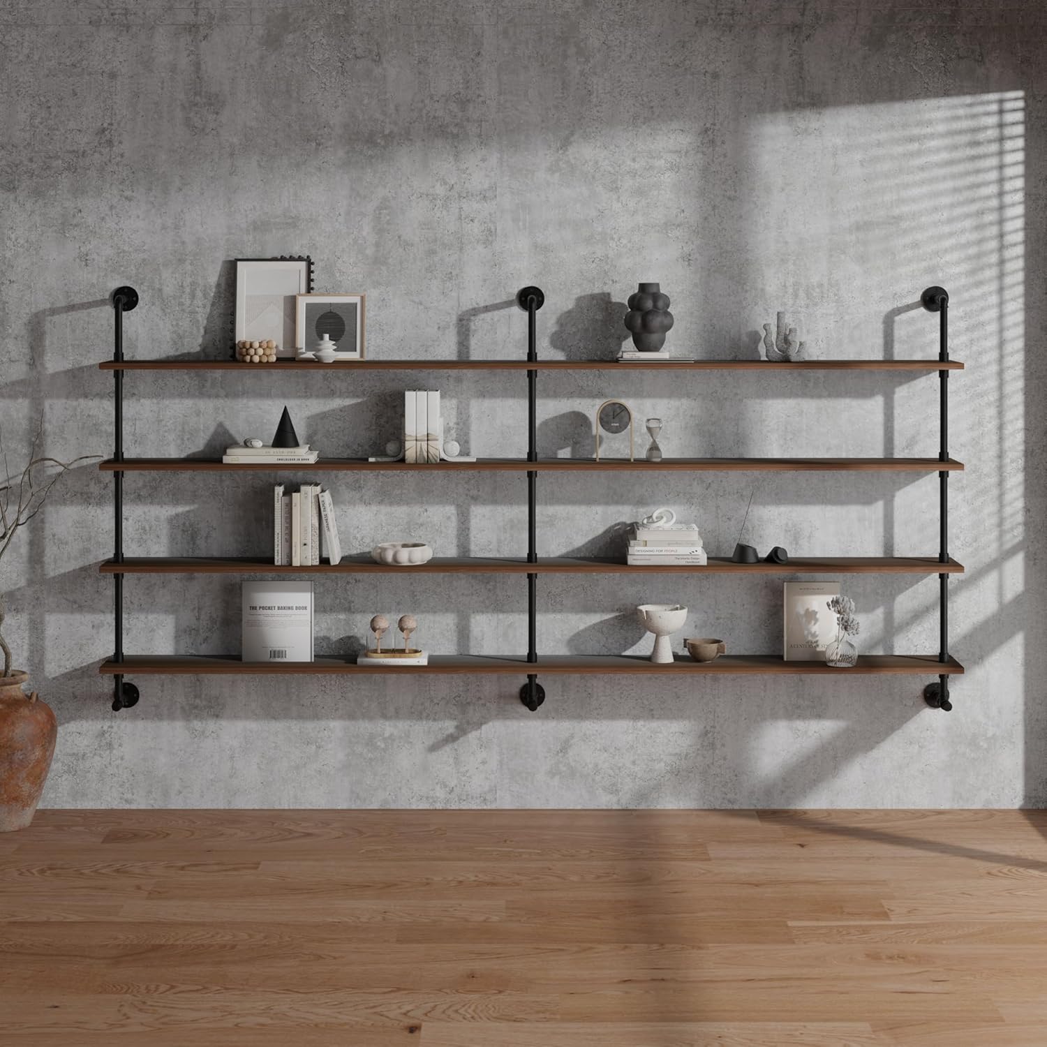 Industrial Pipe Wall Shelves With Real Wood Plank, 70 Inches Floating Shelves for Wall, 4 Tier Farmhouse Book Shelves, Dark Brown for Kitchen, Living Room Decor and Bar