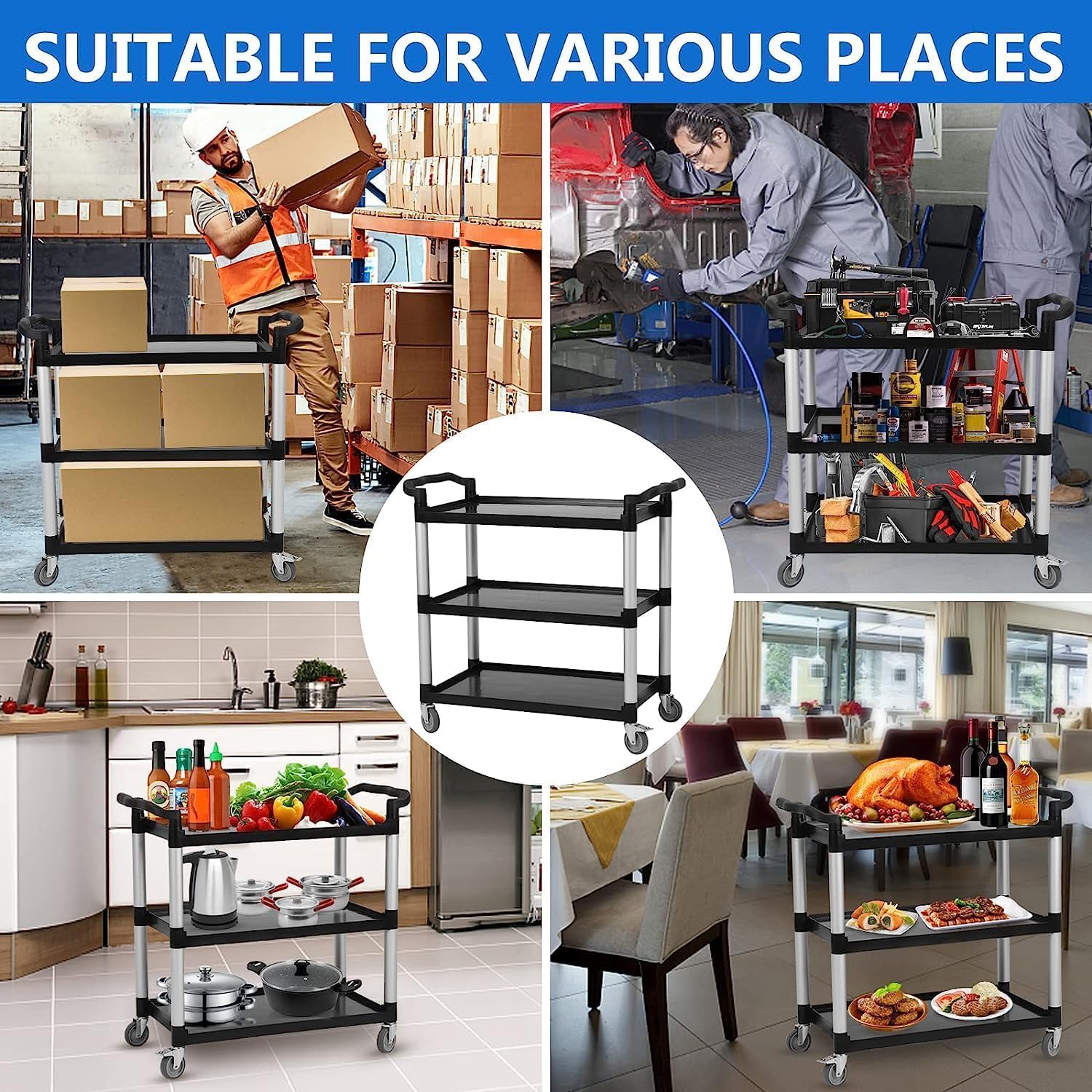 3-Shelf Service Cart，42" Wx20 Dx39 H，360 Lbs Heavy Duty Utility Cart ，Rolling Cart with Lockable 360° Swivel Wheels for Foodservice, Restaurant & Cleaning，Black