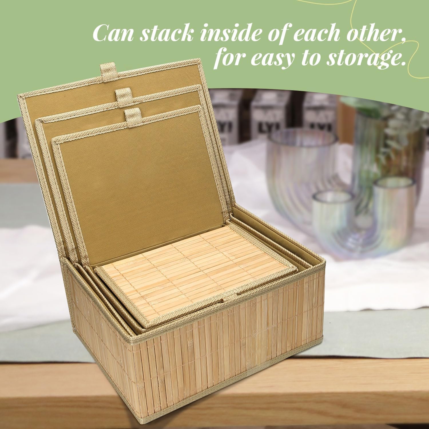 Wicker Basket With Lid Bamboo Storage Box for Shelf Bamboo Decor Storage Boxes With Lids-Rectangle Decorative Basket With Lid Organizer for Bedroom,Living Room (Set of 4,natural)