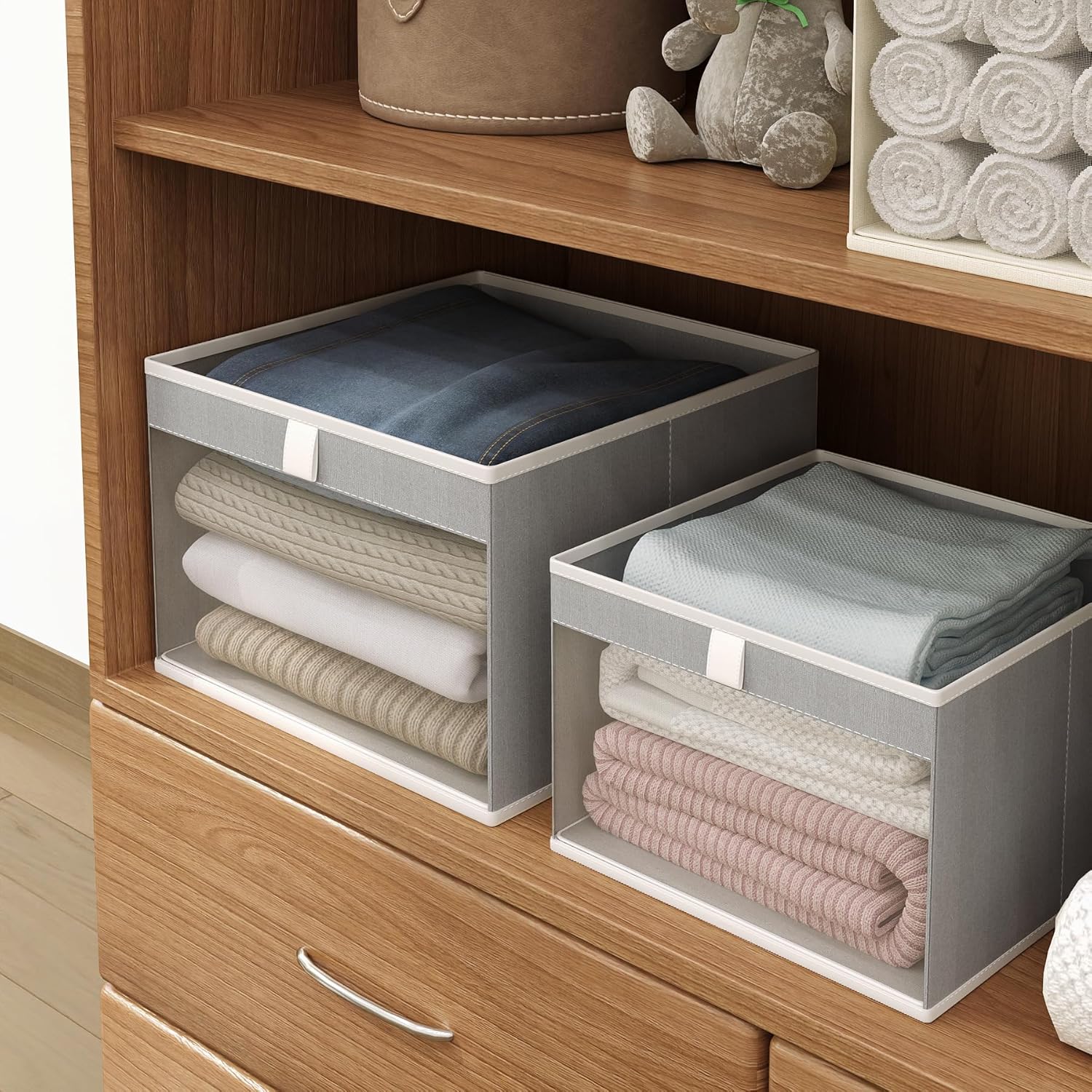 Linen Closet Organizers and Storage, Closet Storage Bins Basket Organizer, Foldable Organization Baskets with Mesh Window for Clothes Towels and Toys, 10.75" x 10.75" x 7.5", Gray, 2 pack