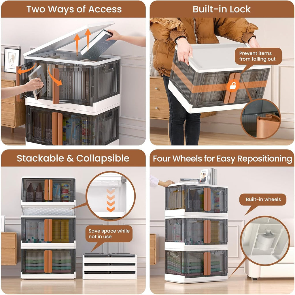LCG 3-Tier Foldable Plastic Storage Bins with Lids and Doors, 25 Gallon (8.4 Gal x 3pack), Stackable Organizer Drawer (Medium)