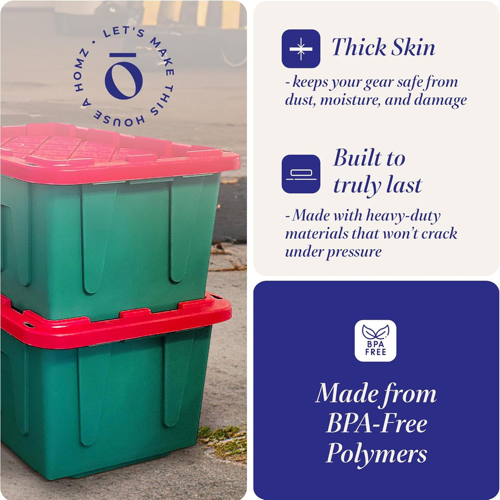 HOMZ 4-Pack Durabilt, Heavy Duty Plastic Storage Bins with Lids, 27 Gallon, Red/Green - Stackable Container Boxes for Holiday, Attic, and Garage Organization