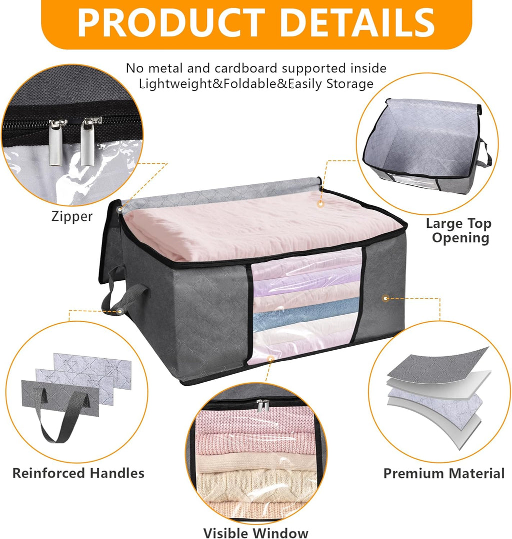 10 Pack Clothes Storage Bags with Zipper, 45L Foldable Blanket Storage Box with Clear Window Sturdy Handles for Closet, Dorm, Pillows, Bedding, Sheet, Comforter, Gray