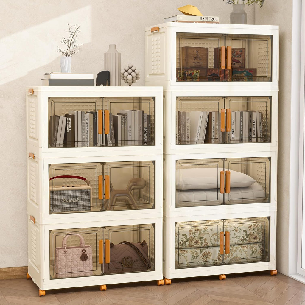 Plastic Stackable Storage Bins with Lids and Wheels, Foldable Closet Organizers and Storage Containers, Collapsible Clear Drawer Storage Cabinet with Doors Ivory White 608 QT