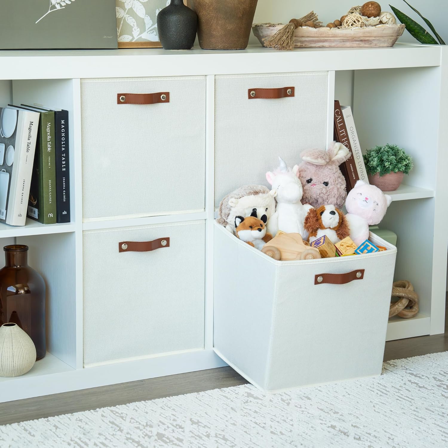 OrganiHaus 13" x 13" x 13" Cube Fabric Storage Bins Set of 4, Canvas Storage Cubes w/ Vegan Handles, 13 inch Collapsible Bins for Clothes & Toy Organizer, 13x13 Basket for Decor - White