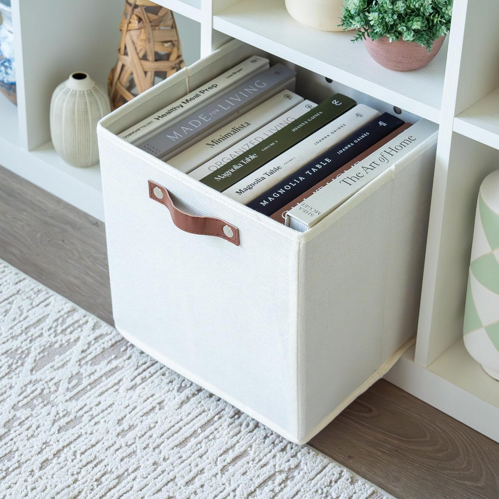 OrganiHaus White 12" x 12" x 12" Fabric Cube Storage Bins - Set of 4, Cube Fabric Organizer Bins with Vegan Handles, Kallax Storage Cubes, Cubbies Organizer Boxes, 12Inch Cubic Baskets for Shelves