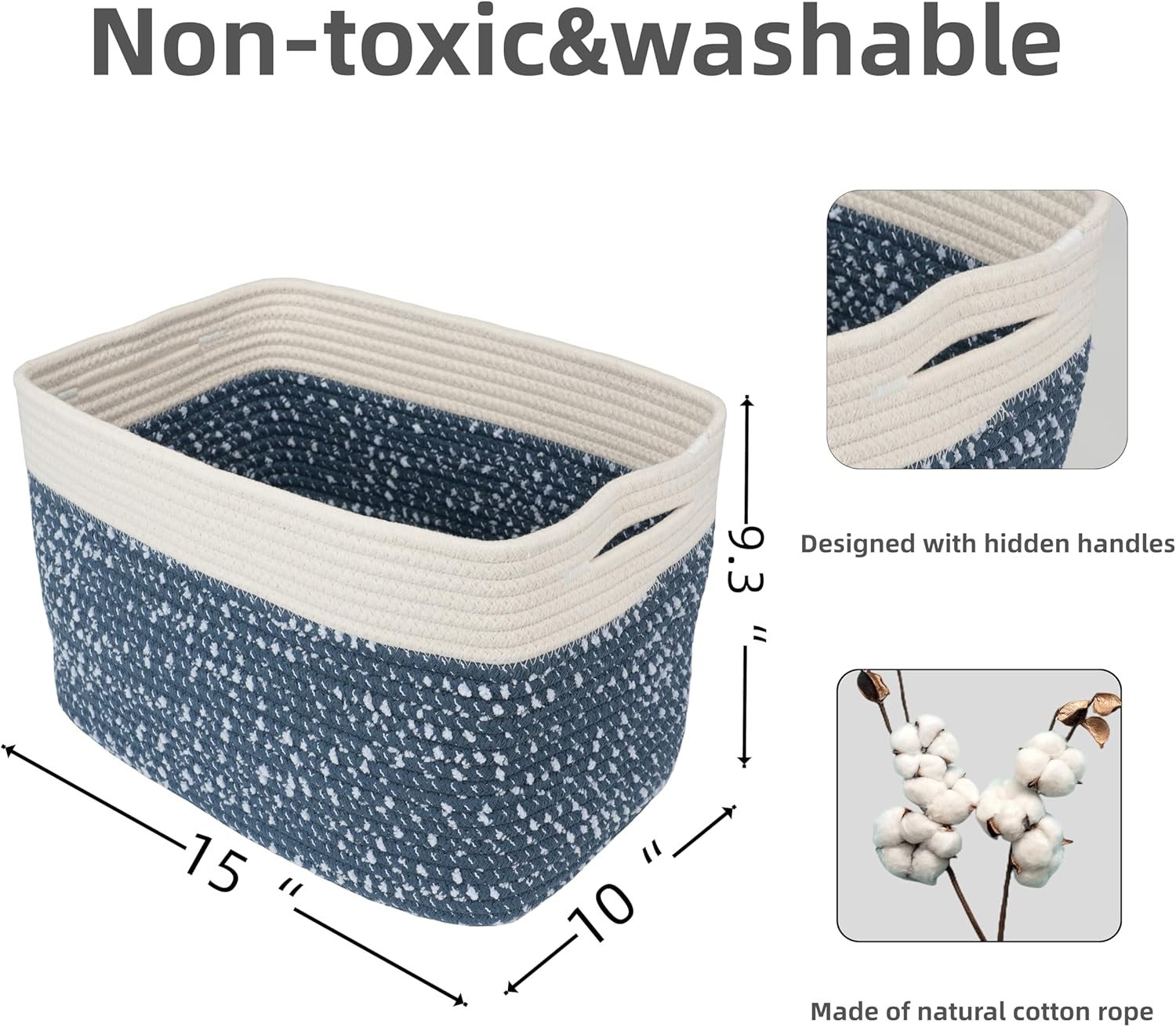 White and Blue Cotton Rope storage Basket Bins Woven Basket for Organizing Shelves 15X10X9.3“ Rectangle Decorative Baskets For storage Books Towels Wicker Nursery basket organizer Set of 3