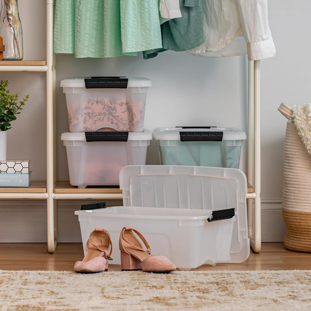 IRIS USA 13 QT Plastic Storage Box with Lid and Latches - 4 Pack - BPA-Free, Discreet Organizing Solution, Durable Nestable Stackable Containers, Secure Pull Handle - Pearl