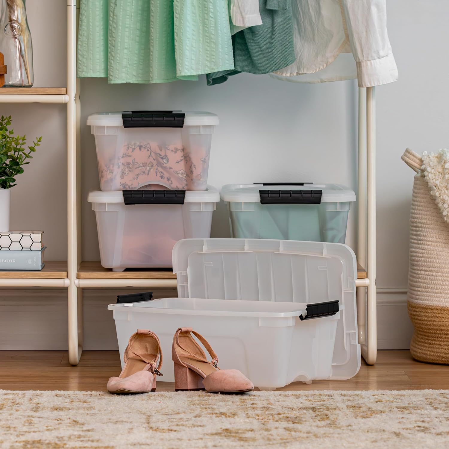 IRIS USA 13 QT Plastic Storage Box with Lid and Latches - 4 Pack - BPA-Free, Discreet Organizing Solution, Durable Nestable Stackable Containers, Secure Pull Handle - Pearl