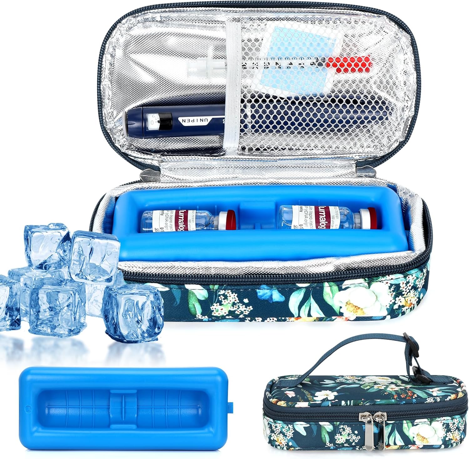 Insulin Vial Cooler Travel Case – TSA Approved Diabetic Medication Vial Cooling Bag, Refrigerated Diabetes Supplies Organizer, Portable Mini Cooler Case with Protective Ice Brick (Camellia)