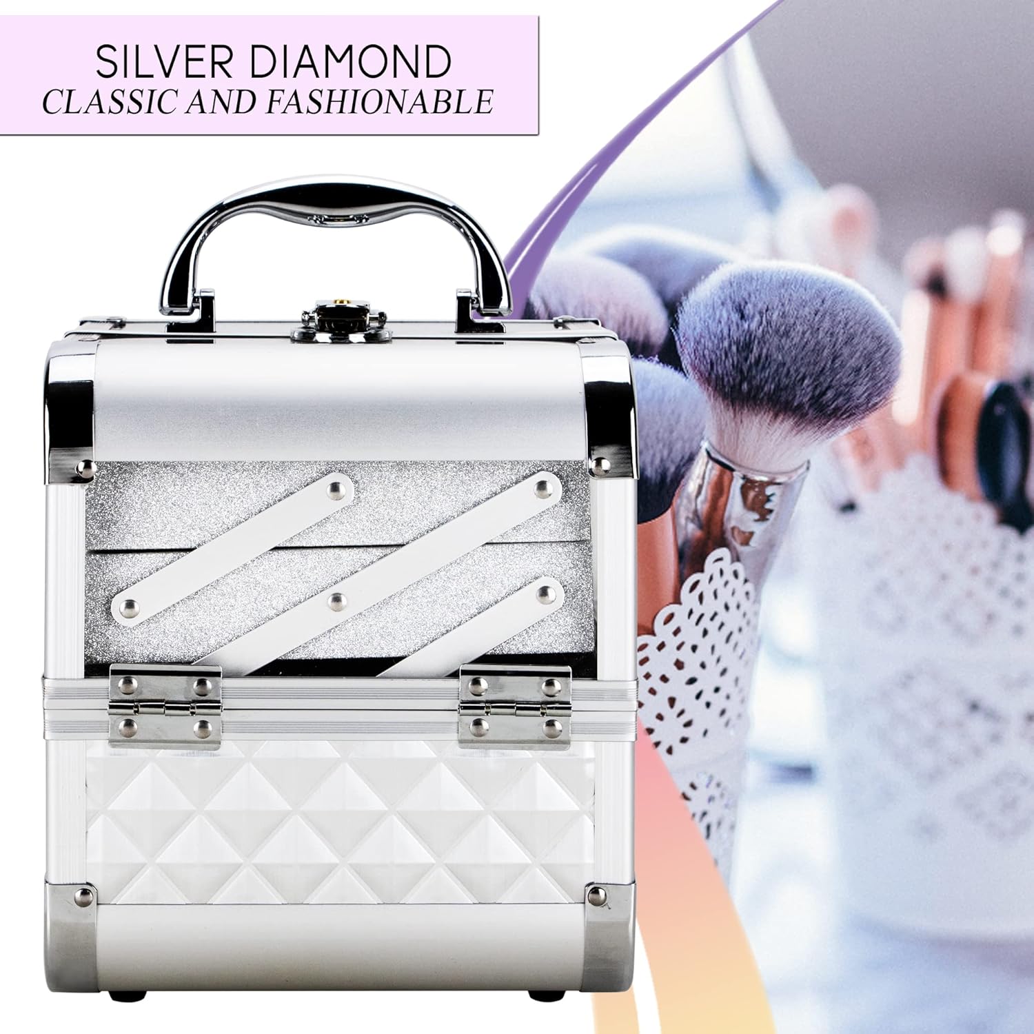 Ver Beauty Makeup Box Cosmetic Train Case with Clear Armored Acrylic Jewelry Organizer with 2 Tiers Trays and Mirror Lockable Portable Travel Cosmetic Display Aluminum Case (Silver Diamond)