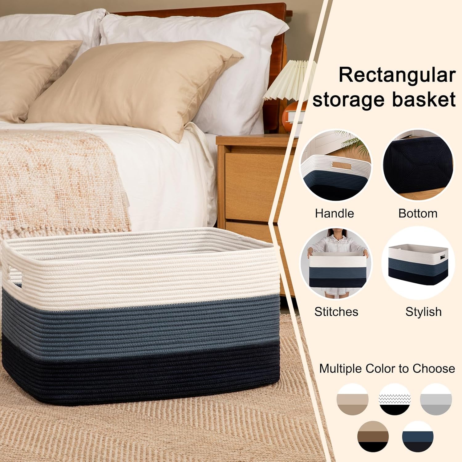 OIAHOMY Large Blanket Basket, 22”x17”x12” Rectangle Woven Baskets, Nursery Blanket Storage Living Room, Toy Storage With Handle, Large Baskets for Organizing-Gradient Blue