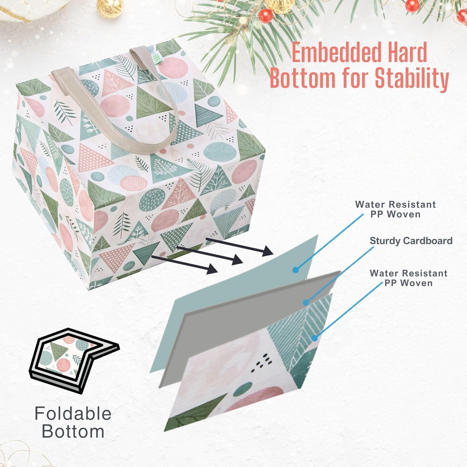 VENO 4 Pack Christmas Reusable Grocery Bags, Heavy-Duty Shopping Bags with Handles, for Shopping Cart with Hard Bottom to Stand Upright, Foldable (Pastel Forest, 4 Pack)