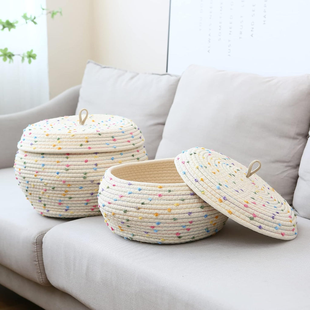 Sea Team Round Cotton Rope Storage Basket with Lid, Colorful Rainbow Pompom Woven Storage Bin, Pot, Caddy, Organizer, Container for Snacks, Towels, Plants, 13 x 5.5 Inches (Large, Shallow, Rainbow)