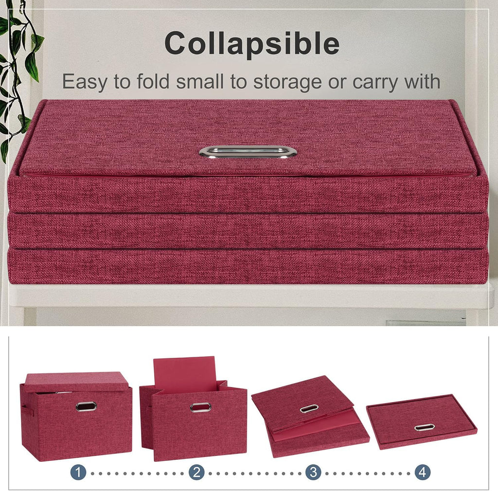 Large 17" 36 Quart Collapsible Stackable Storage Bins with Lids, 3 Packs Bright Red Linen Fabric Closet Boxes with Lids, Storage Cube Baskets Container Organizers for Office (17x12x11)