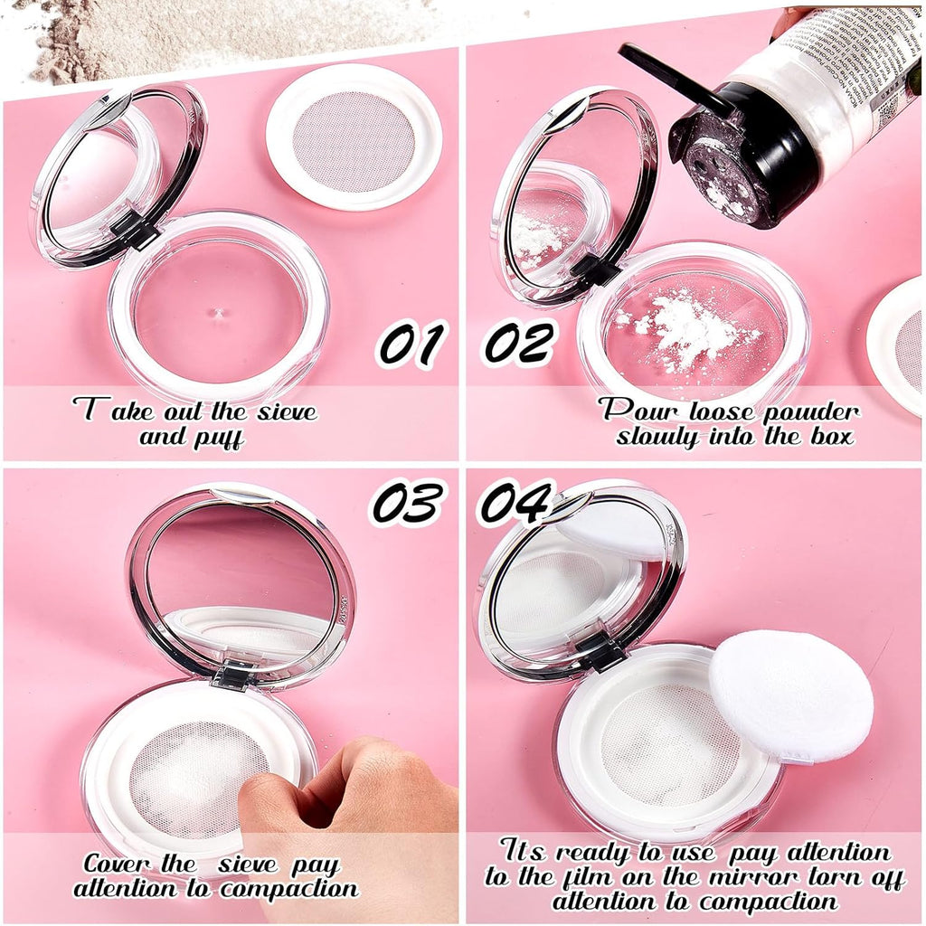 Cunhill 2 Pcs Loose Powder Container with Puff 0.17/0.7 oz Reusable Plastic Empty Case Portable DIY Makeup Powder Container Compact Case with Mirror and Net Sifter(Silver,Marble)