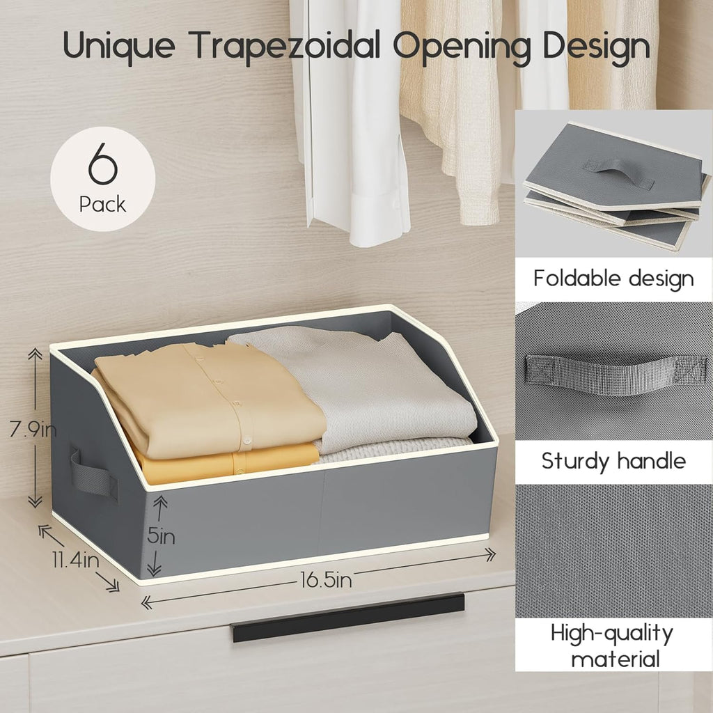 Large Closet Organizers and Storage Bins - 6 Pack Trapezoid Storage Baskets for Shelves, Foldable Fabric Baskets with Handles Ideal for Closet, Basket, Wardrobe and Shelf Storage, Grey