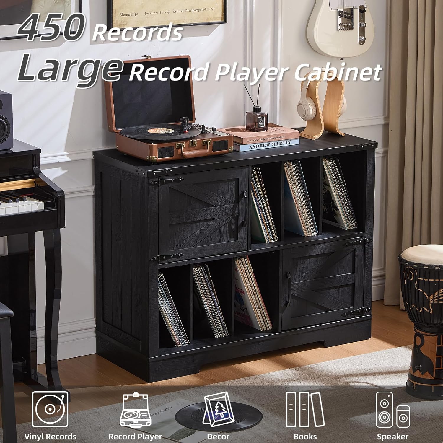 Large Record Player Stand with Vinyl Storage Up to 450 Albums, 39 Inch Farmhouse Wood Black Vinyl Records Storage Cabinet with Barn Doors, Mid-Century Modern Turntable Stand for Living Room