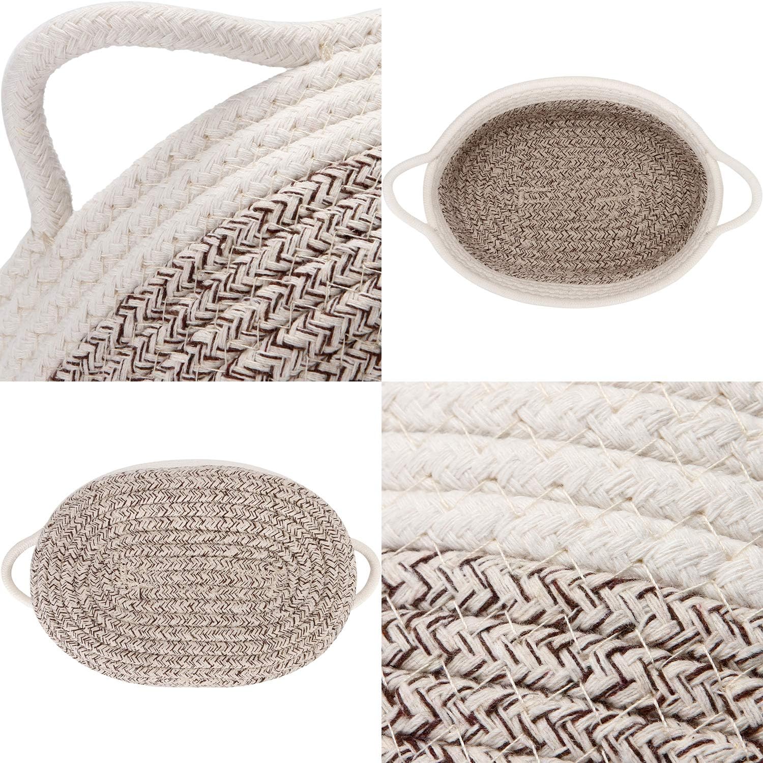 Sea Team 2-Pack Cotton Rope Baskets, 10 x 7 x 4 Inches Small Woven Storage Basket, Fabric Tray, Bowl, Oval Open Dish for Fruits, Jewelry, Keys, Sewing Kits (Mottled Brown & White)