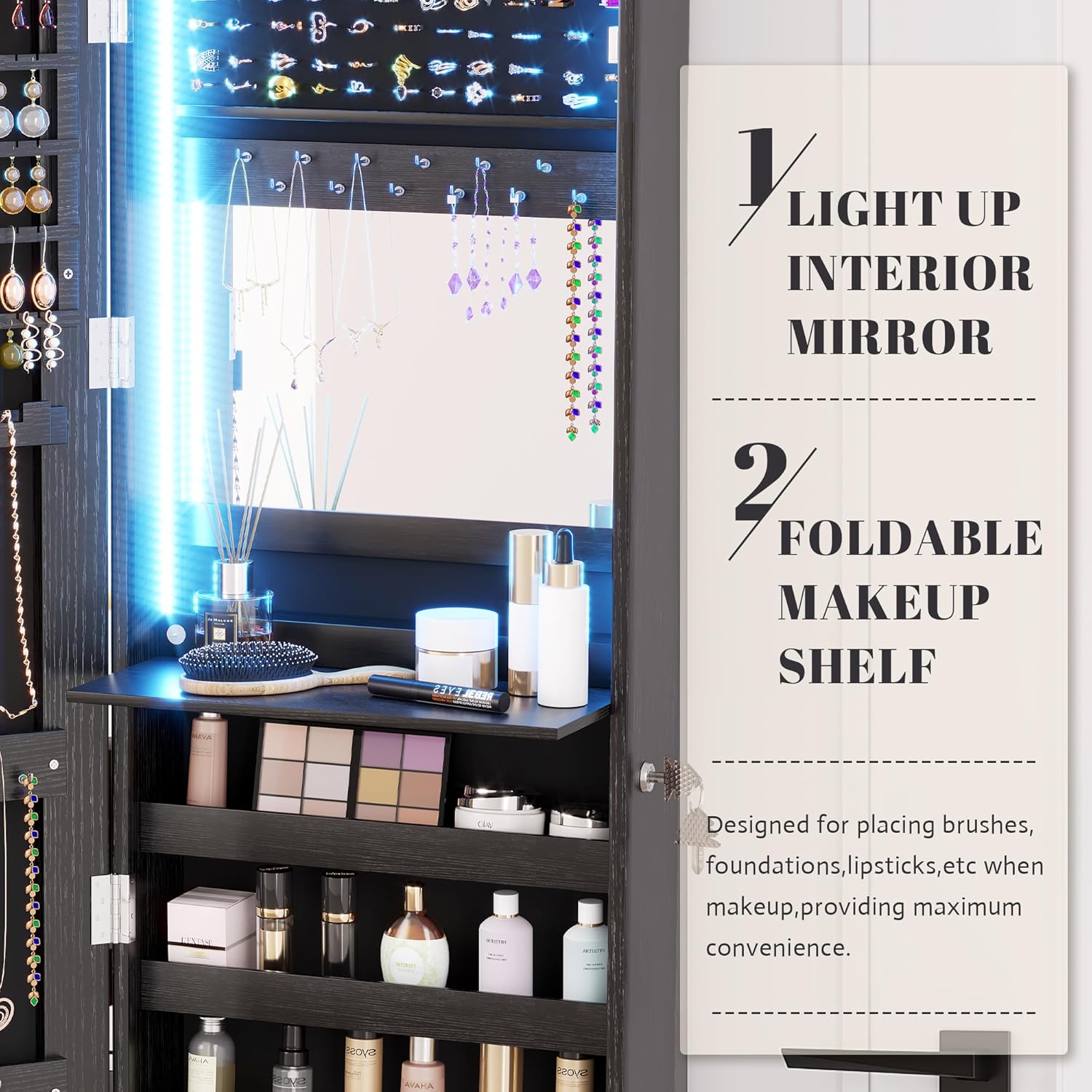 Vlsrka 47.2" LED Jewelry Armoire Organizer, Wall/Door Mounted with Full Length Mirror, Large Storage Hanging Cabinet, 4 Drawers, 5 Shelves, Built-in Lighted Mirror (Wood Black)