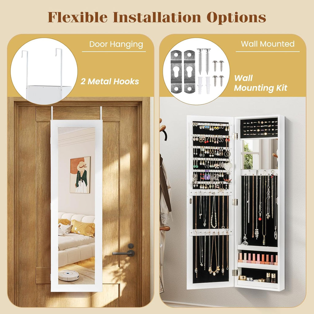 COSTWAY Full Length Mirror Jewelry Cabinet, Wall Door Mounted with Makeup Mirror, Ring Slots & Necklace Hooks, Large Storage Jewelry Armoire for Bedroom, Dressing Room (White)