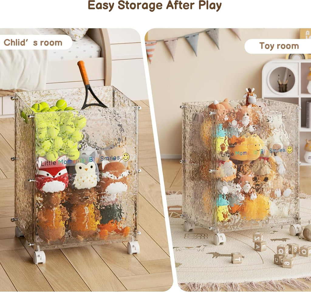 Stuffed Animal Storage with Wheels, Rolling Toy Storage Bin, Slim Tall Kid-Safe, Impact-Resistant Organizer for Playroom/Nursery/Bedroom, 360° Wheels, Fits Yoga Mats & Sports Gear (Glacier)