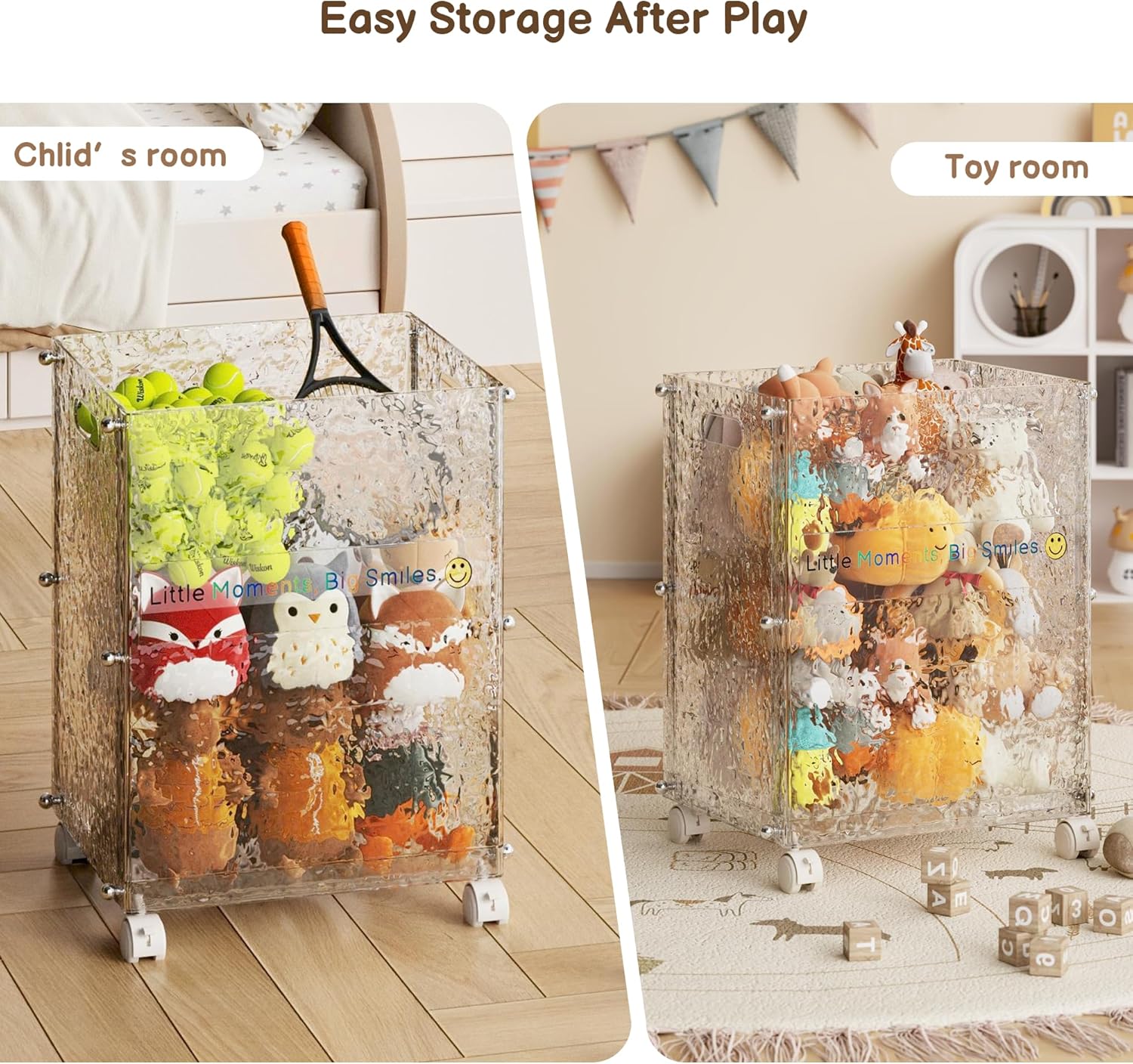 Stuffed Animal Storage with Wheels, Rolling Toy Storage Bin, Slim Tall Kid-Safe, Impact-Resistant Organizer for Playroom/Nursery/Bedroom, 360° Wheels, Fits Yoga Mats & Sports Gear (Glacier)