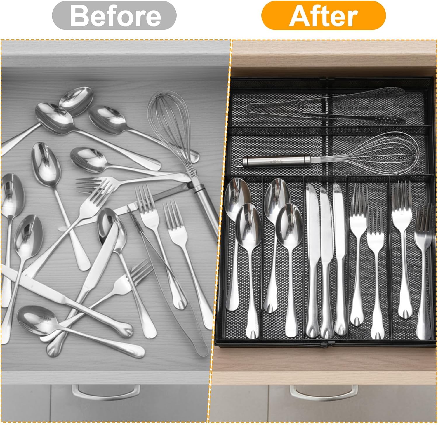 1 Pcs Utensil Drawer Silverware Organizer, Metal Mesh Expandable 13" ~24" Kitchen Drawer Organizer, 7-9 Slots Cutlery Tray Dividers for Kitchen Flatware Christmas Housewarming Gift (Black)