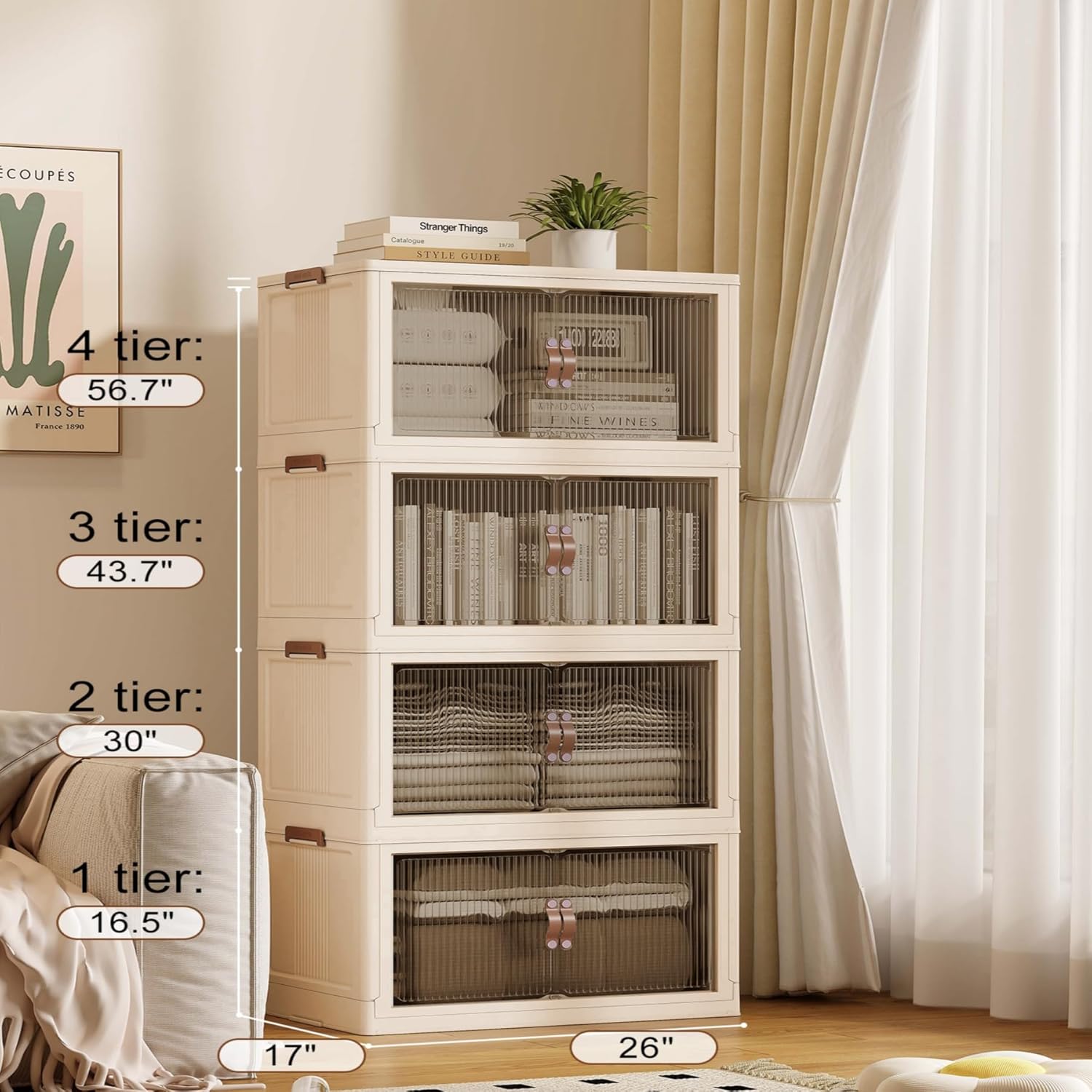 SAILUN 116Gal/464Qt Stackable Storage Bins Folding Collapsible Storage Bins with Lid, Closet Organizers and Storage Box Beige 26" W x 17" D x 56.7" H