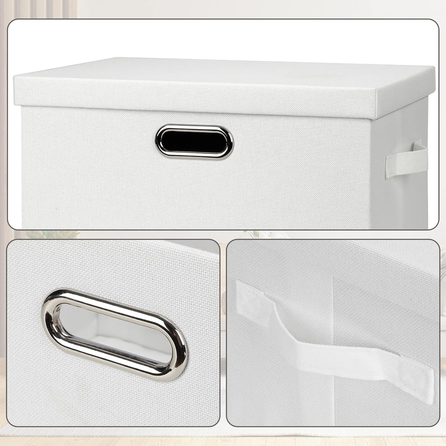 Large 17" 36 Quart Collapsible Stackable Storage Bins with Lids, 3 Packs White Linen Fabric Closet Boxes with Lids, Storage Cube Baskets Container Organizers for Bedroom Office(17 x12 x11)