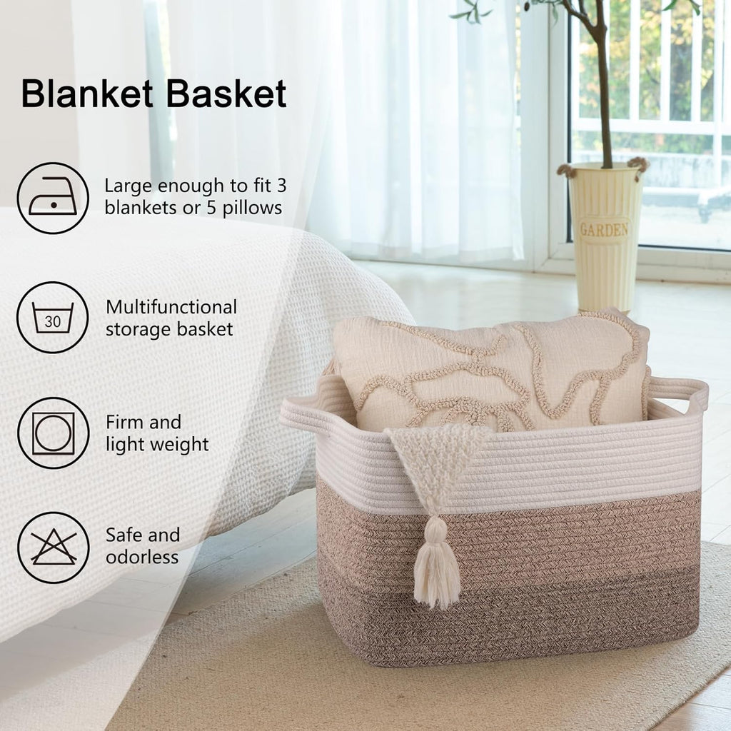 OIAHOMY Cotton Rope Basket, Rectangle Woven Baskets for Storage, Nursery Blanket Storage Living Room, Toy Basket With Handle-17.7”x13.8”x11”-Gradient Yellow