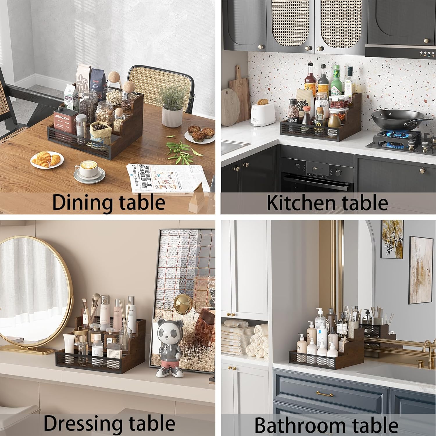 3-Tier Liquor Bottle Display Shelf, Rustic Wooden Bottle Holder Stand for Liquor Whiskey Wine Coffee Bottle Display with Fences, Storage Countertop Shelf for Café, Bar, Office Station