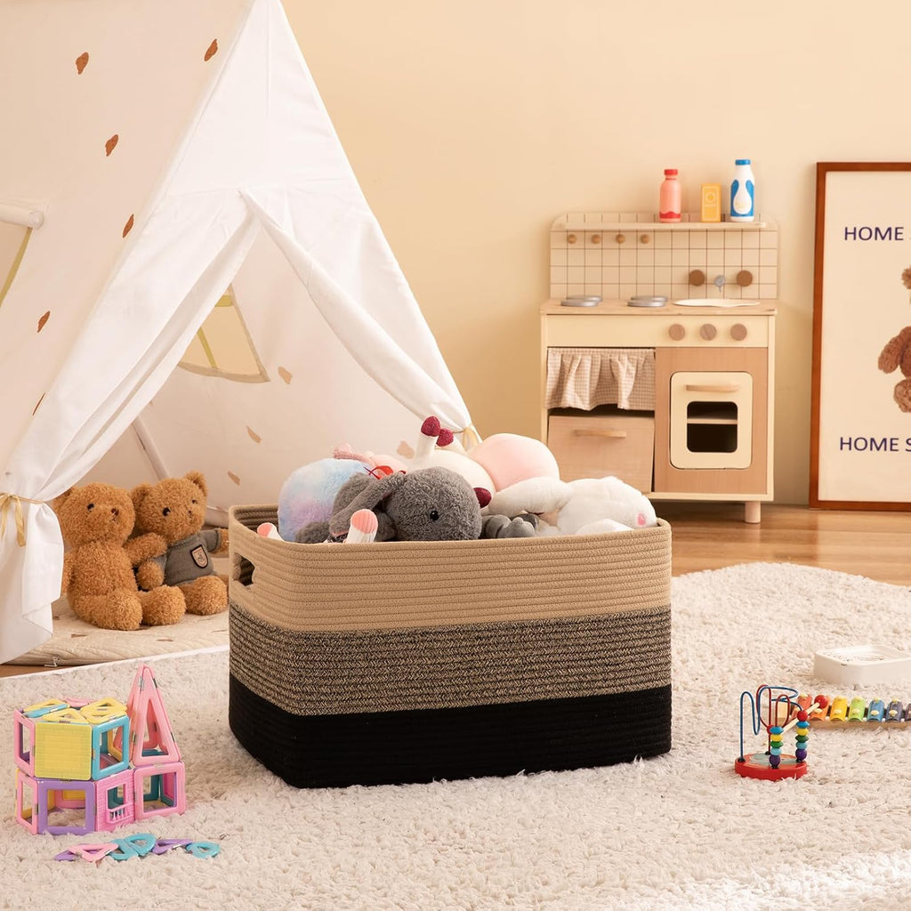 OIAHOMY 108L Large Cotton Rope Basket, Rectangle Woven Baskets for Storage, Nursery Blanket Storage Living Room, Toy Basket With Handle-25”x16”x16”-Yellow Black