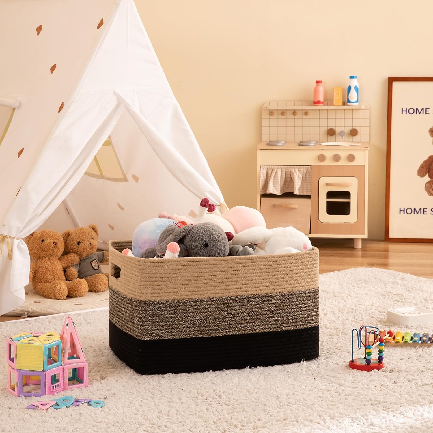 OIAHOMY 108L Large Cotton Rope Basket, Rectangle Woven Baskets for Storage, Nursery Blanket Storage Living Room, Toy Basket With Handle-25”x16”x16”-Yellow Black