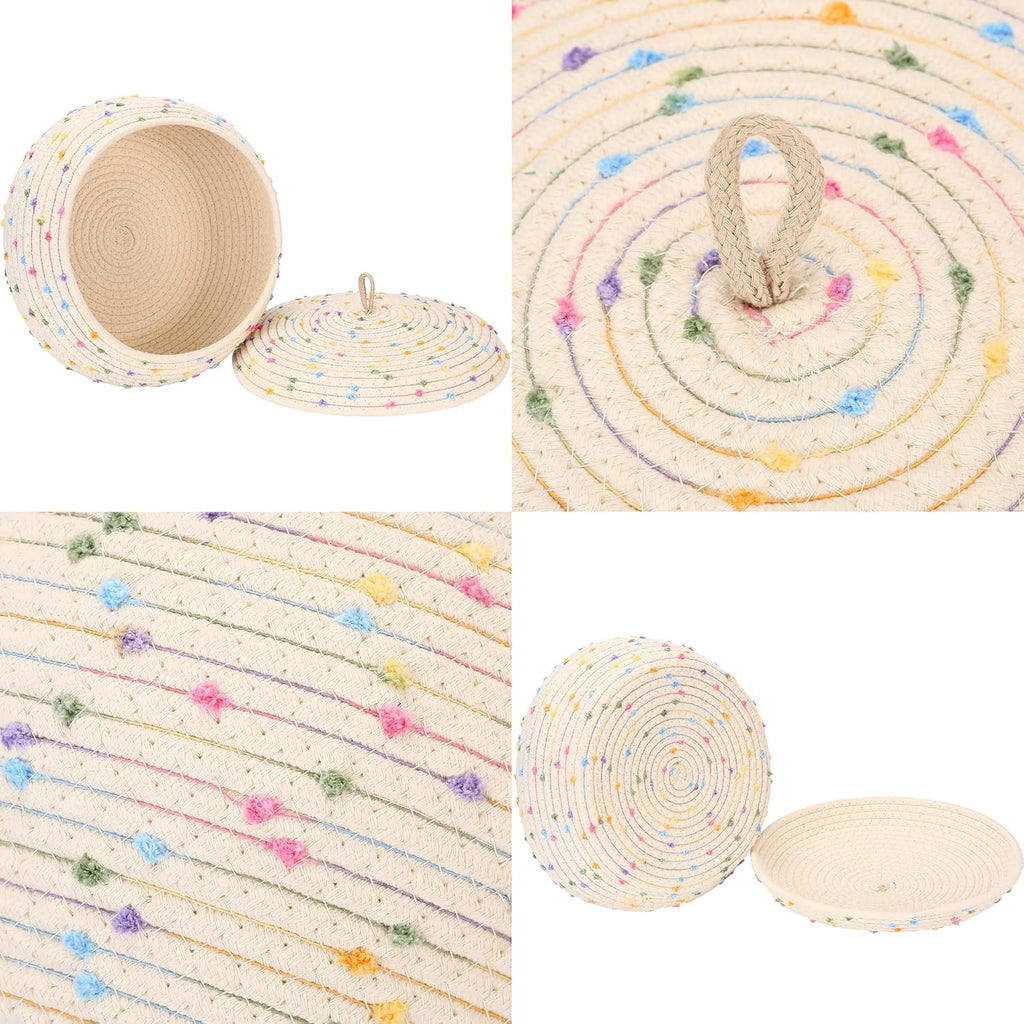 Sea Team Round Cotton Rope Storage Basket with Lid, Colorful Rainbow Pompom Woven Storage Bin, Pot, Caddy, Organizer, Container for Snacks, Towels, Plants, 13 x 5.5 Inches (Large, Shallow, Rainbow)