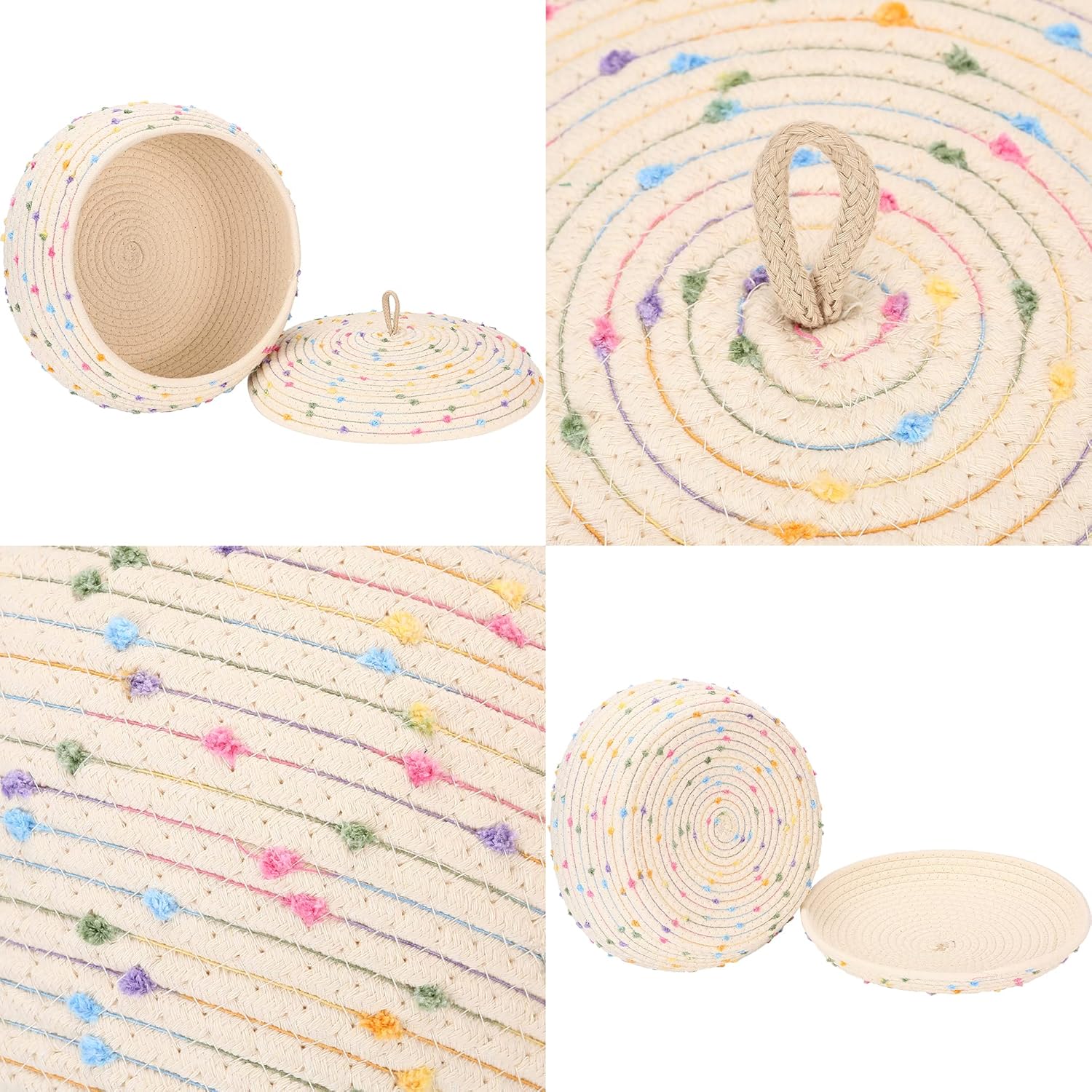 Sea Team Round Cotton Rope Storage Basket with Lid, Colorful Rainbow Pompom Woven Storage Bin, Pot, Caddy, Organizer, Container for Snacks, Towels, Plants, 13 x 5.5 Inches (Large, Shallow, Rainbow)