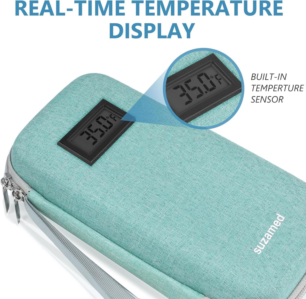 Insulin Cooler Travel Case,EVA Insulation Travel Medicine Kit with Temperature Display for Diabetes Care,Insulin Pen and Other Diabetic Supplies (Green-Temp)