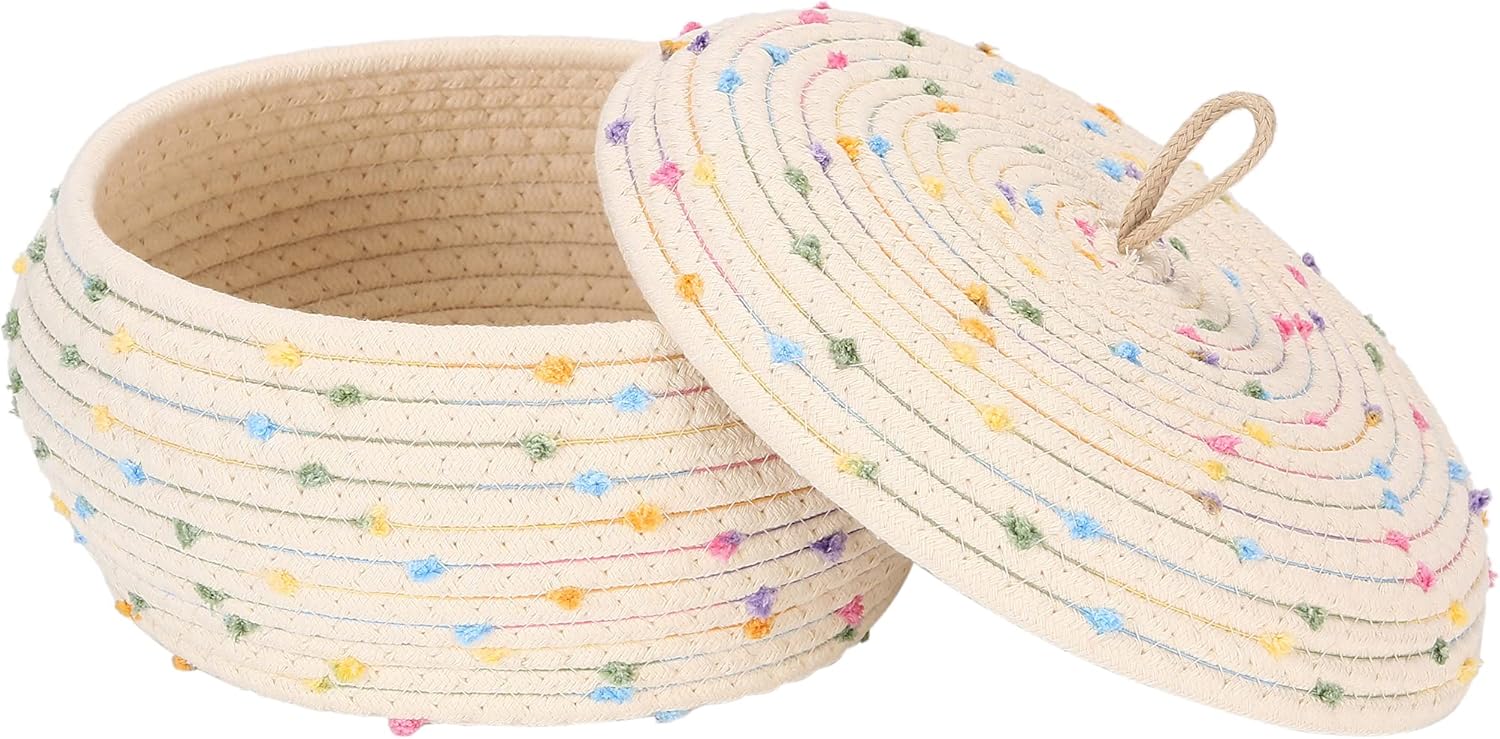 Sea Team Round Cotton Rope Storage Basket with Lid, Colorful Rainbow Pompom Woven Storage Bin, Pot, Caddy, Organizer, Container for Snacks, Towels, Plants, 10 x 4.5 Inches (Small, Shallow, Rainbow)