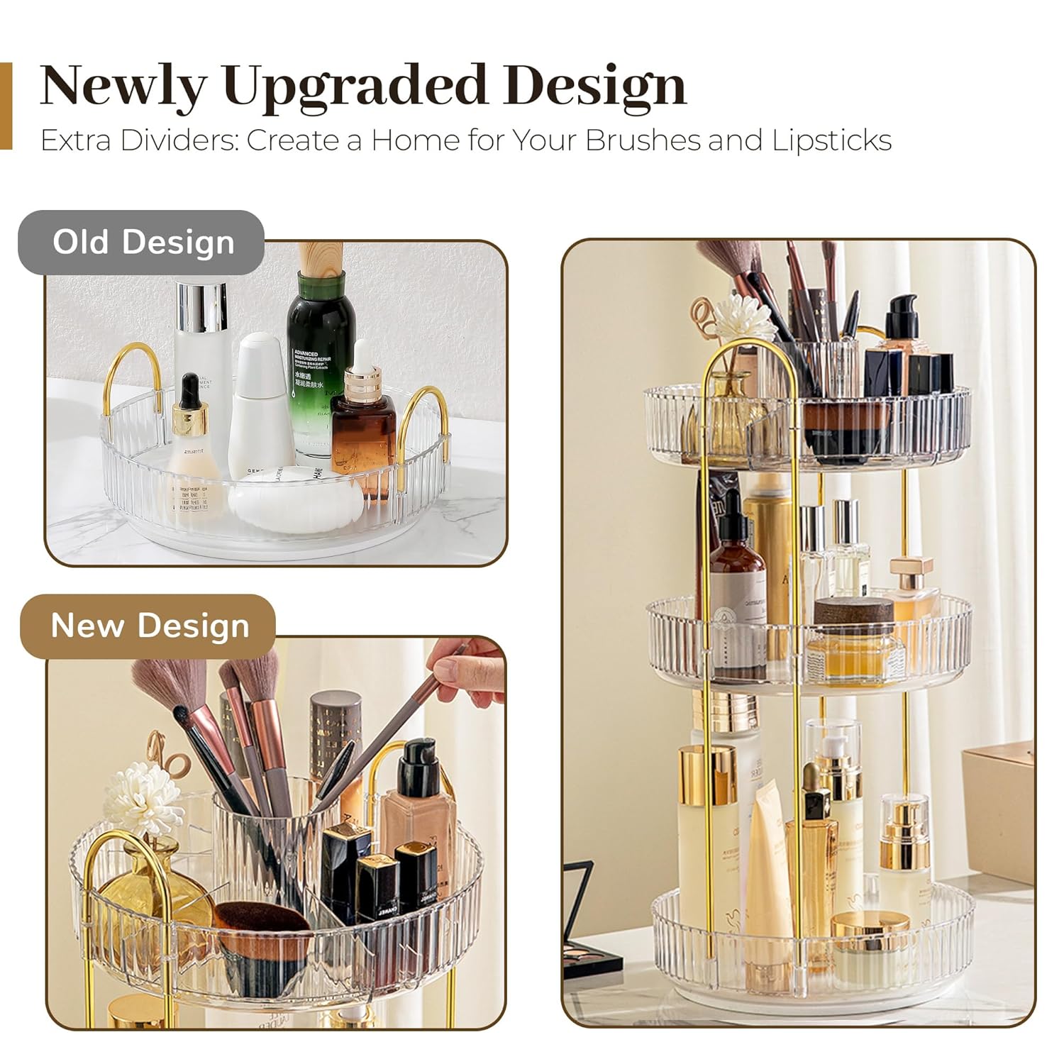 Aveniee 360° Rotating Makeup Organizer for Vanity, Perfume Skincare Bathroom Countertop Organizers, 3 Tier Spinning Skincare Storage with Brush Holder for Lipstick Cosmetic Lotion,White