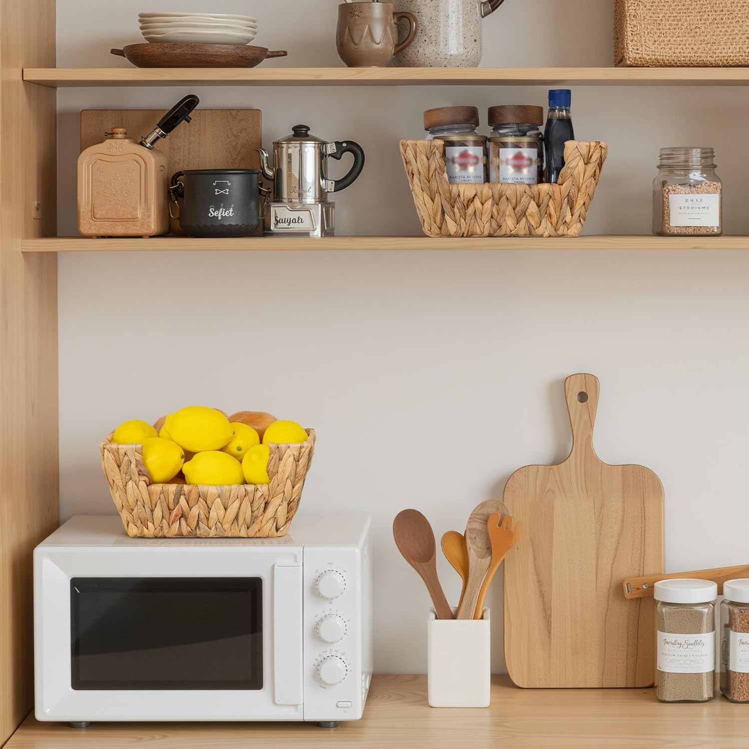 StorageWorks Small Pantry Baskets for Patato and Onion Storage, Wicker Baskets for Organizing with Built-in Handles, Water Hyacinth Pantry Organizers and Storage for Shelves, 2 Pack