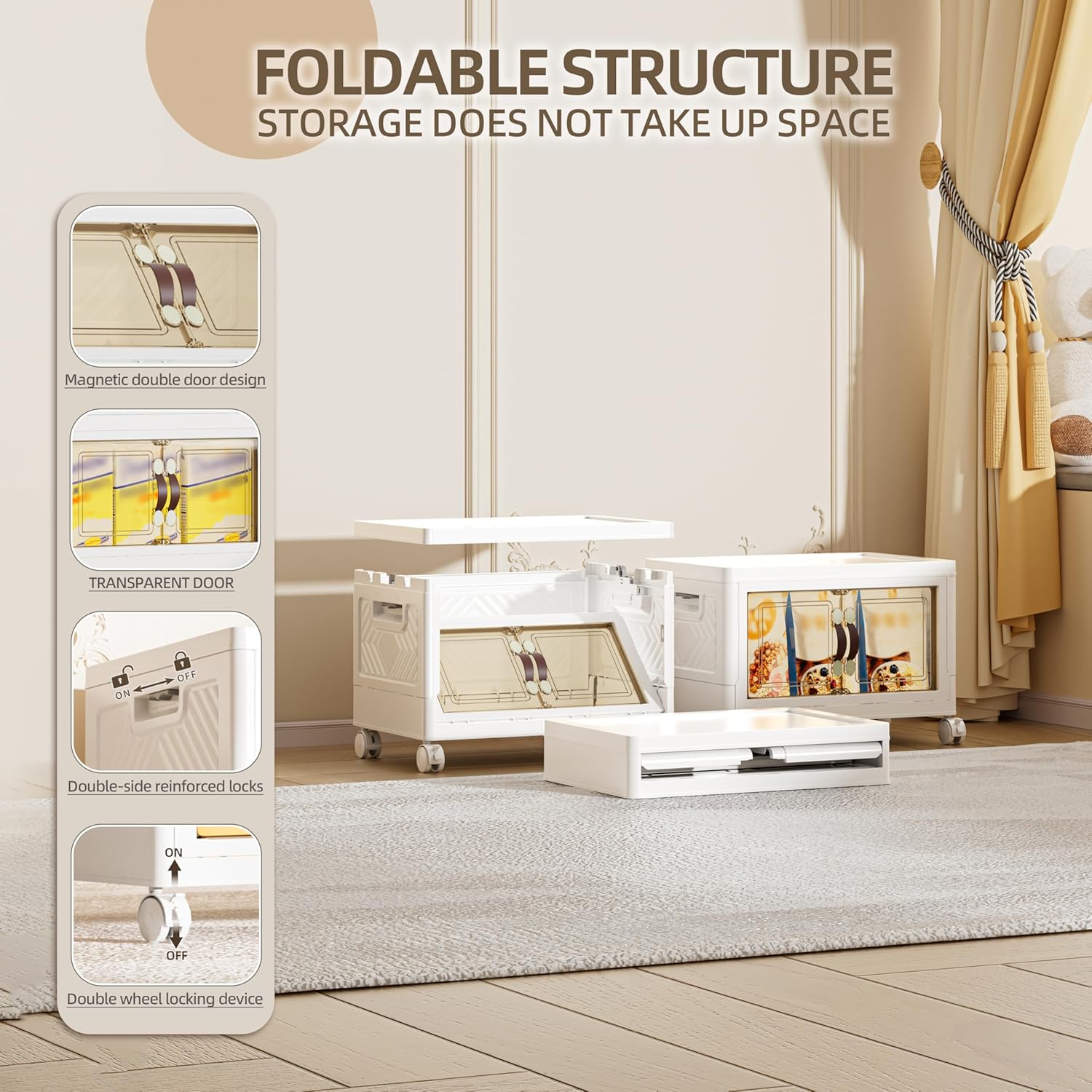 28 QT / 7 Gal Multi-Purpose Stackable Storage Cabinet: Double Magnetic Doors, Foldable, Wheels Included, Leather Handles - Ideal for Pantry, Laundry Room, Dorm