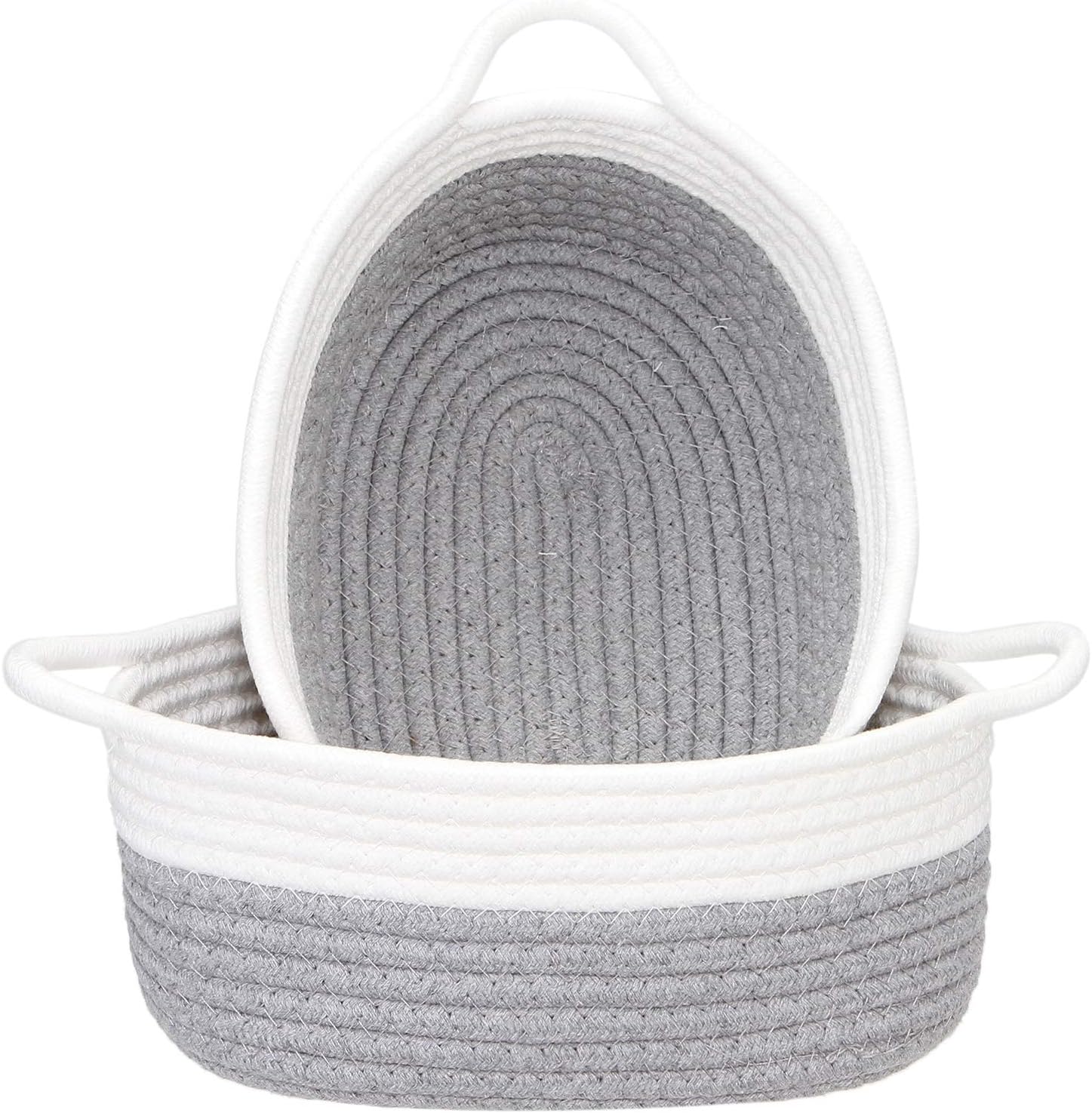 Sea Team 2-Pack Cotton Rope Baskets, 10 x 7 x 4 Inches Small Woven Storage Basket, Fabric Tray, Bowl, Oval Open Dish for Fruits, Jewelry, Keys, Sewing Kits (Grey & White)